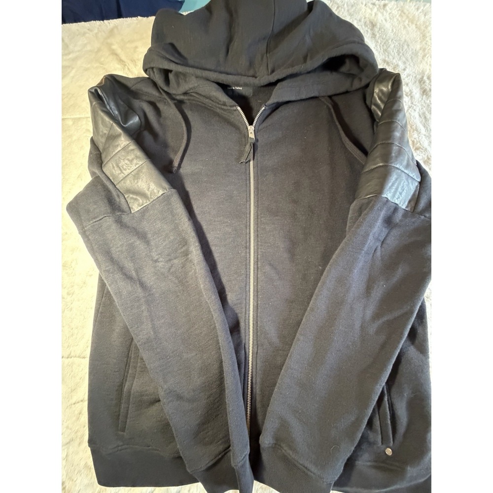 AllSaints BLACK SUEDE ZIP BANNER LEATHER HOODIE 2XL